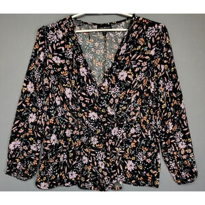 Lane Bryant Top Womens 22/24 Black Floral Surplice Wrap Peplum Long Sleeve Boho